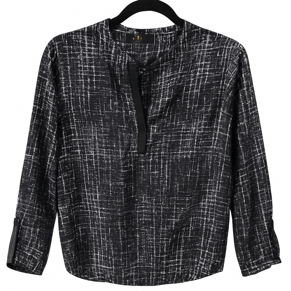 Noir Womens Tunic Top Medium Black White‎ Textured Print Long Sleeve V Neck